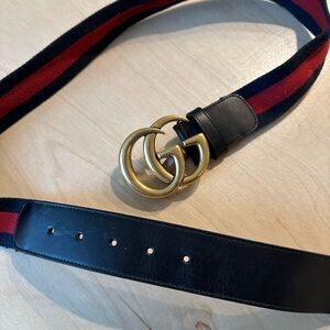 Gucci Double G Marmot Red and Navy Striped Canvas Belt with Gold Buckle